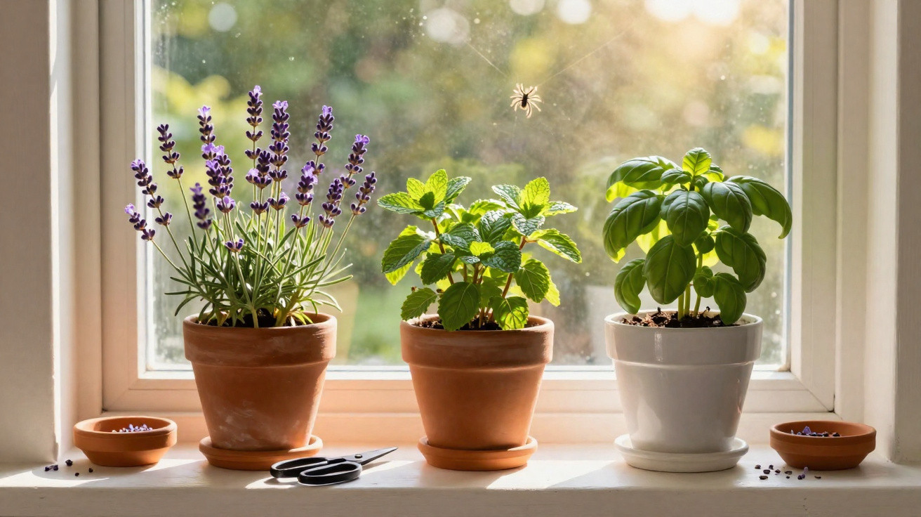 Três vasos com plantas aromáticas numa janela ensolarada, com uma tesoura e dois pratos pequenos.
