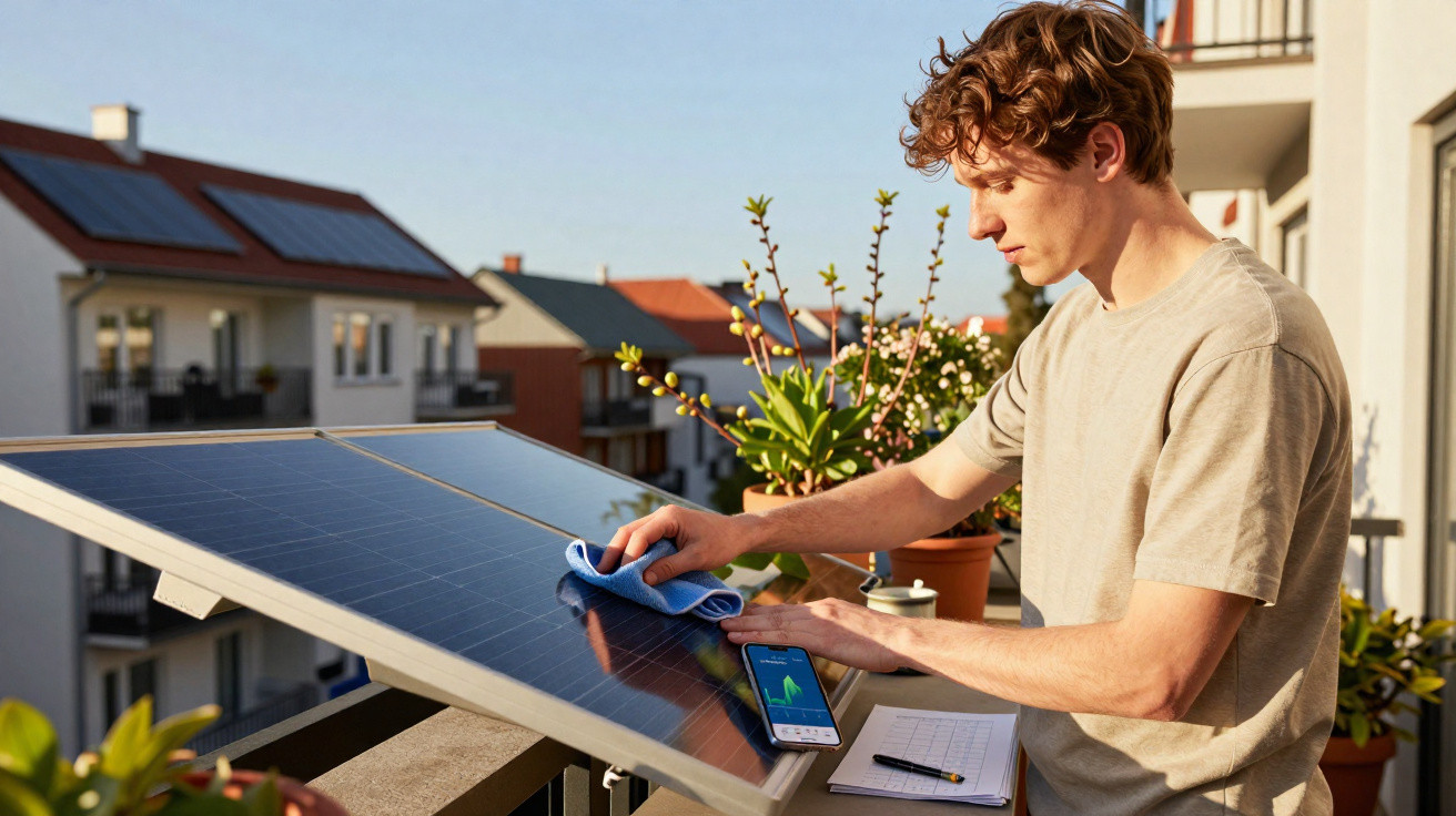 Homem limpa painel solar no terraço de casa durante o dia, com smartphone e caderno ao lado.