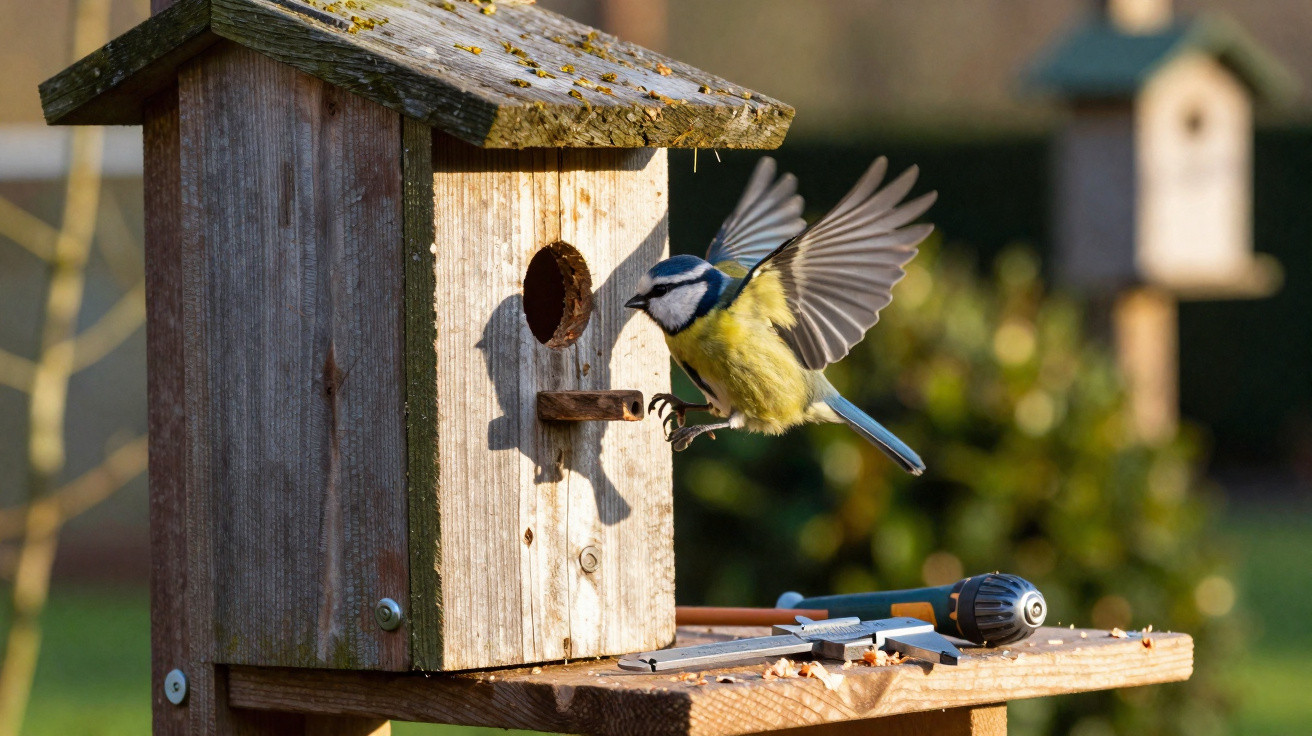 Pássaro azul a voar perto de uma casa de madeira para aves com ferramentas na base.
