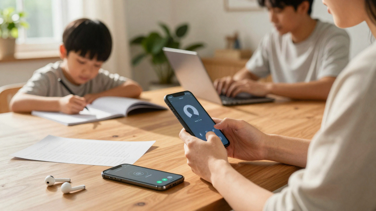 Pessoa a usar smartphone numa mesa com duas crianças a estudar ao fundo.