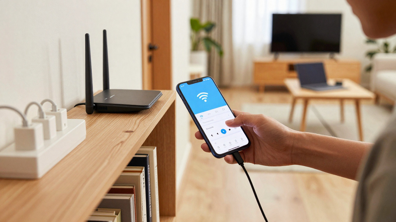 Pessoa a manusear smartphone conectado a router Wi-Fi numa sala de estar moderna e luminosa.