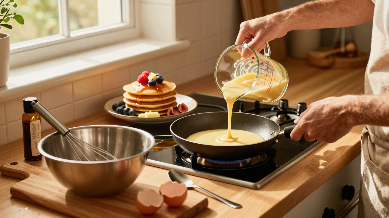 Pessoa a verter massa para panquecas numa frigideira, com panquecas e ingredientes numa bancada de cozinha.