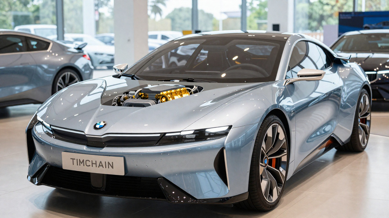 Carro desportivo prateado BMW com capô transparente a mostrar o motor exposto numa sala de exposição.