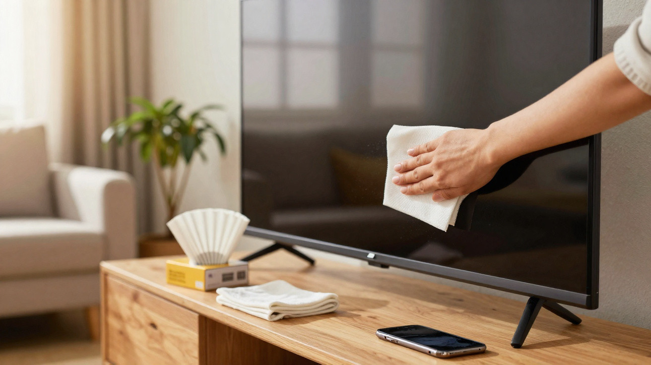 Mão a limpar uma televisão com um pano branco numa sala com móvel de madeira e sofá ao fundo.