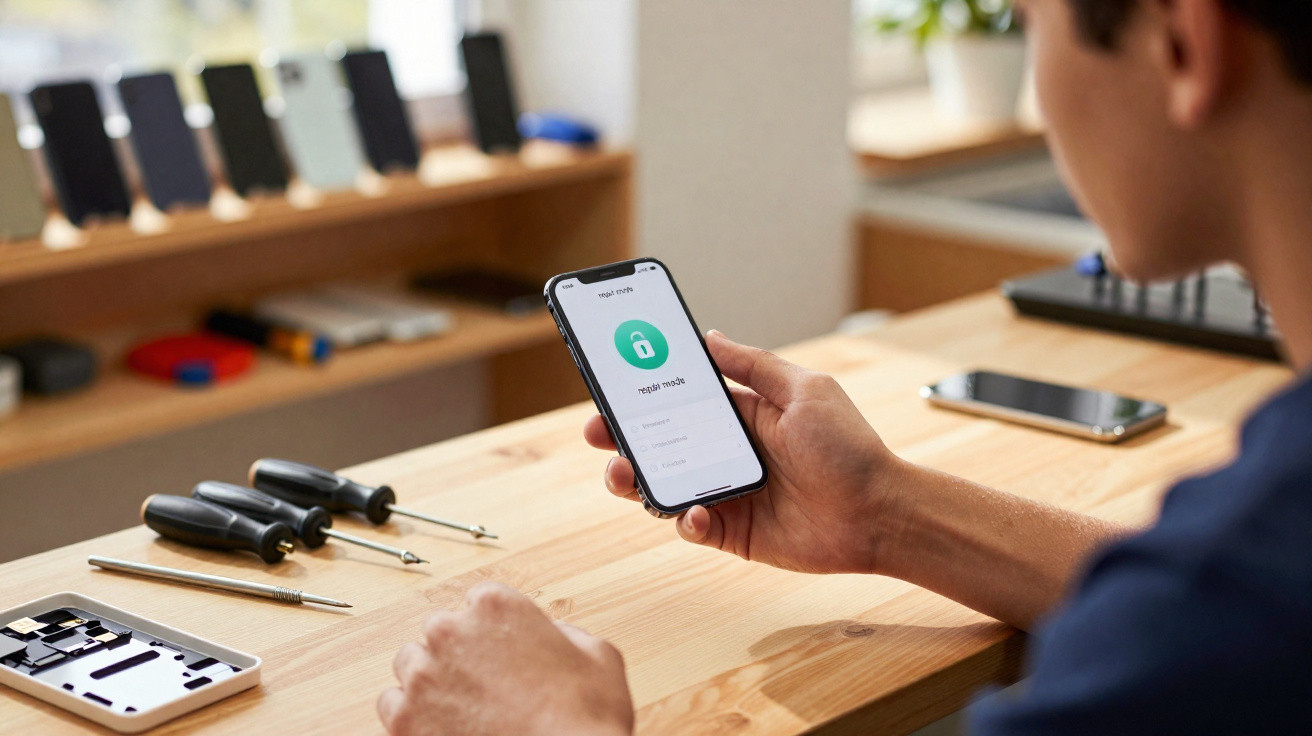 Pessoa a segurando smartphone com ecrã de aplicação de segurança numa mesa com ferramentas e peças eletrónicas.