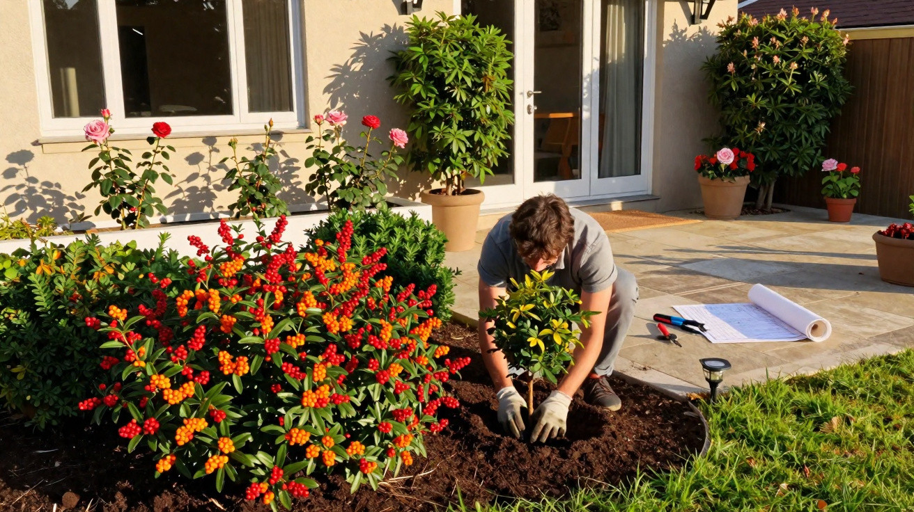 Homem a plantar uma pequena árvore num jardim bem cuidado junto a uma casa com flores e plantas em vasos.