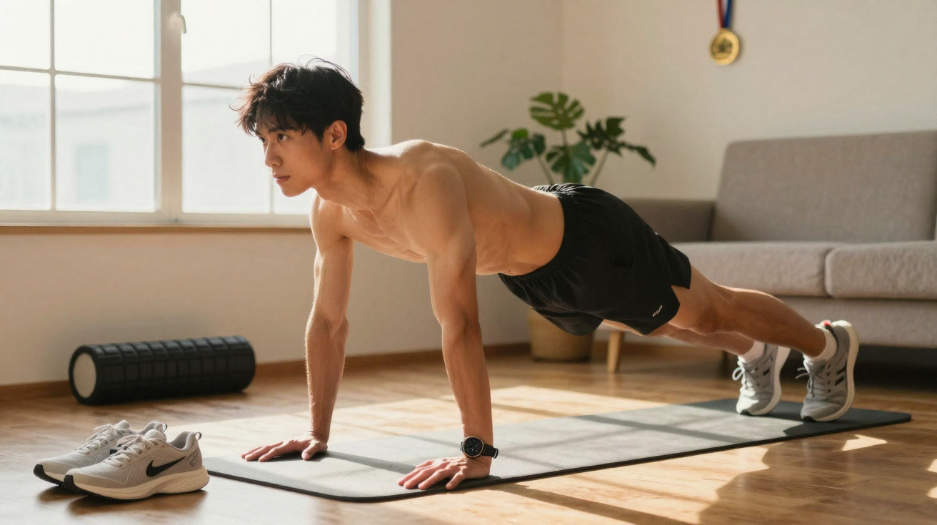 Homem faz exercício de prancha no tapete de yoga numa sala iluminada com tênis e rolo de espuma ao lado.