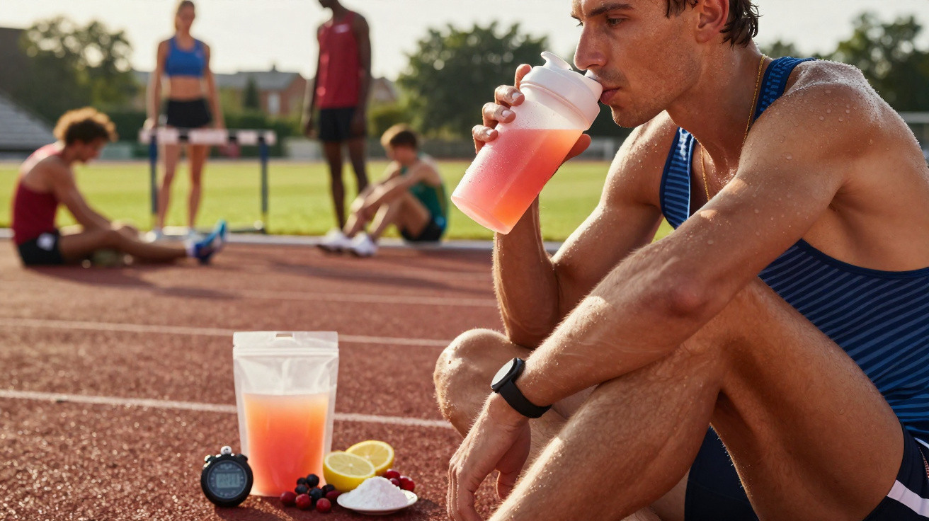 Homem sentado na pista de atletismo a beber bebida energética, com suplemento e temporizador no chão.