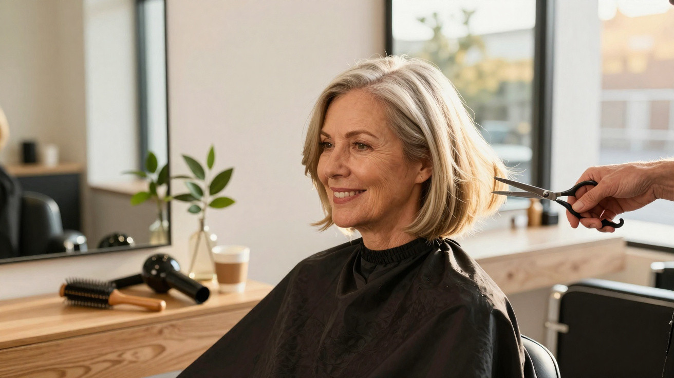 Mulher sorridente a cortar o cabelo num salão de beleza moderno e iluminado.