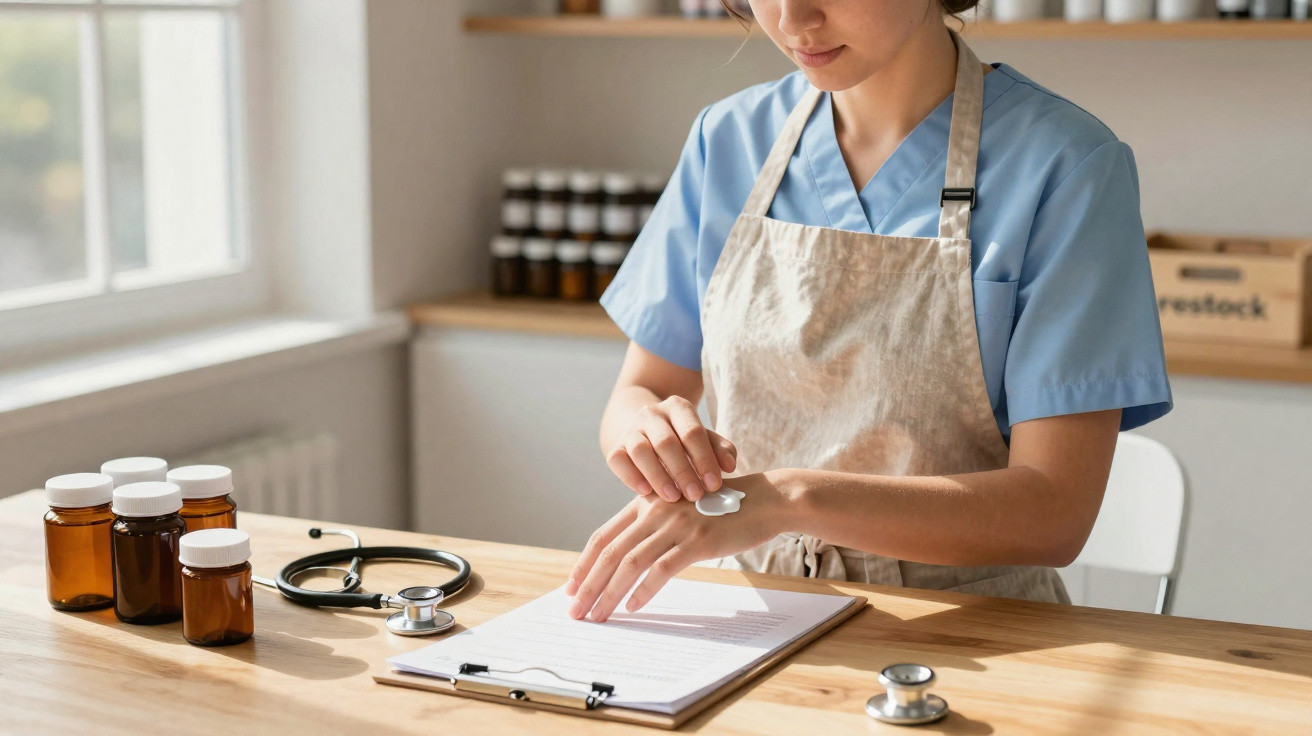 Pessoa a aplicar creme nas mãos, com frascos de medicamentos e estetoscópio numa mesa à frente.