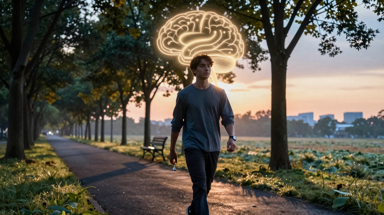 Homem a caminhar num parque ao pôr do sol com ilustração luminosa de cérebro acima da cabeça.