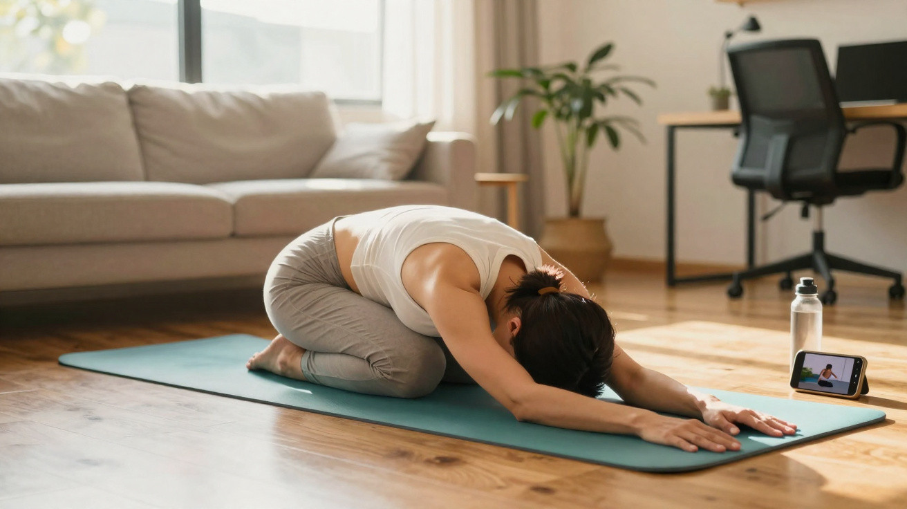 Mulher a fazer yoga na posição criança numa sala, com colchonete e vídeo de treino no telemóvel.