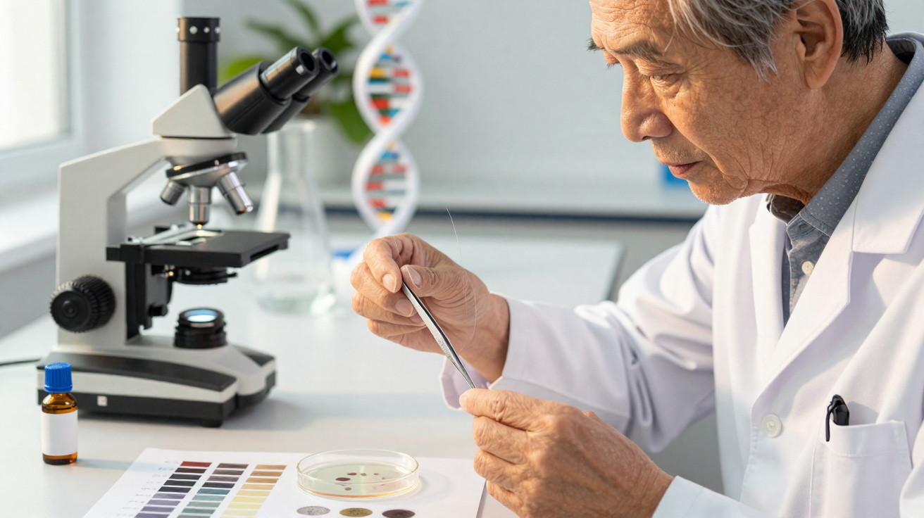 Cientista asiático a analisar uma lâmina na mão, com microscópio e estudo de ADN ao fundo.