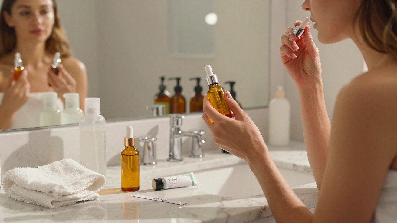 Mulher aplicando sérum facial à beira da pia de casa de banho com produtos de cuidados de pele.