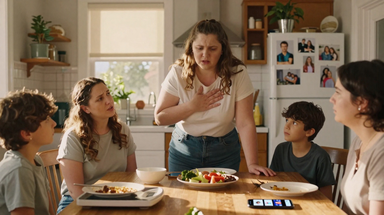 Mulher de pé parece desconfortável enquanto família está sentada à mesa na cozinha durante a refeição.