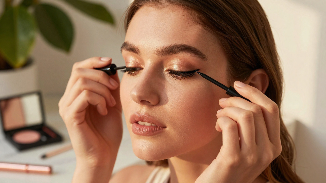 Mulher a aplicar eyeliner preto nos olhos com maquilhagem dourada e maquiagem em tons neutros no rosto.