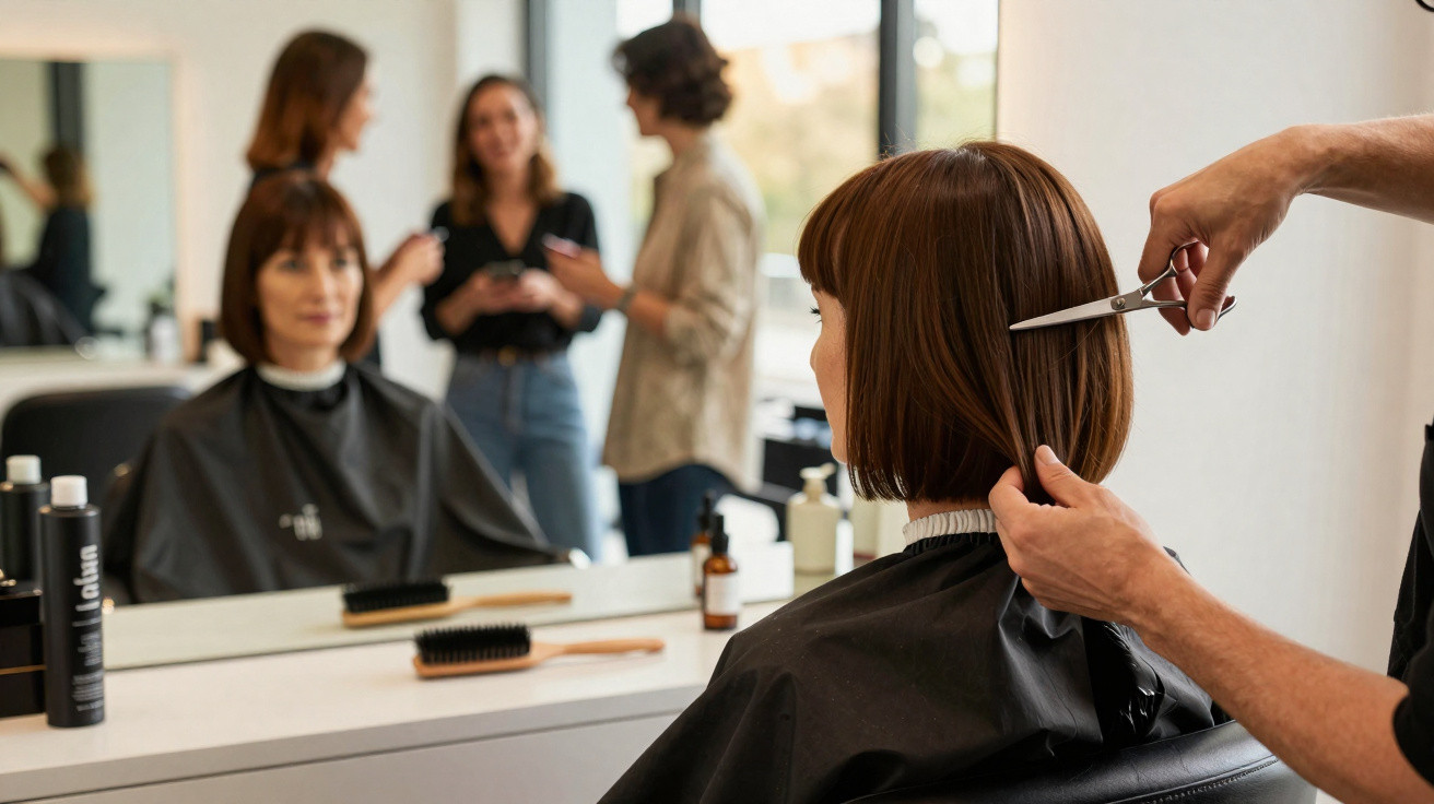 Mulher com capa preta a cortar cabelo curto num salão de cabeleireiro, com pessoas ao fundo.