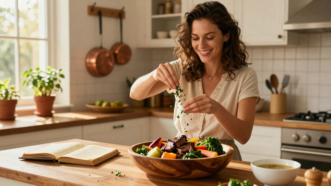 Mulher sorridente a temperar salada com ervas numa cozinha luminosa e acolhedora.
