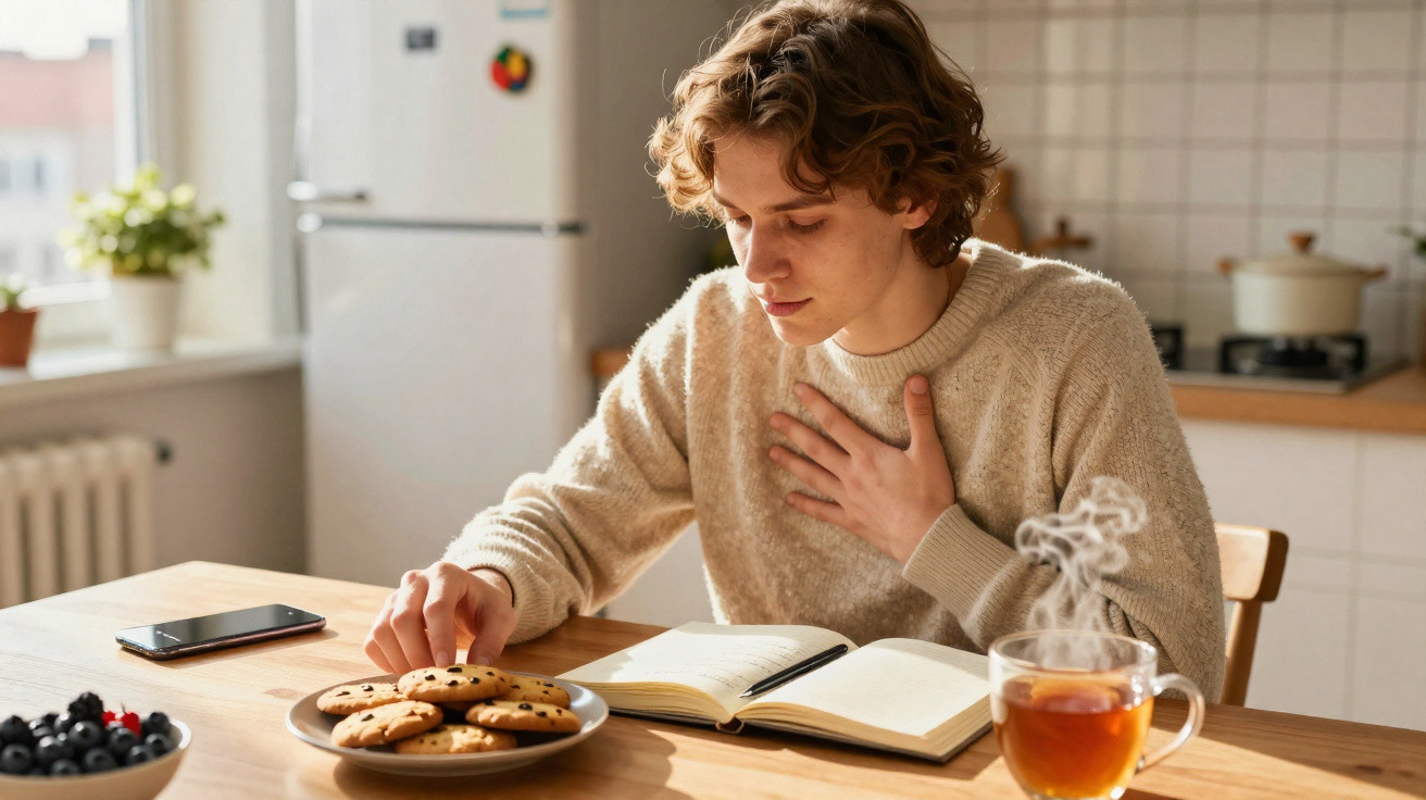 Jovem senta-se à mesa com expressão de desconforto, a tocar o peito, perto de biscoitos, chá e um livro aberto.