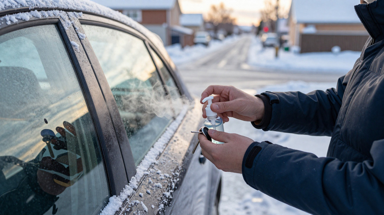 Mãos a aplicar desinfetante em chave de carro junto a veículo coberto de neve numa rua nevada.