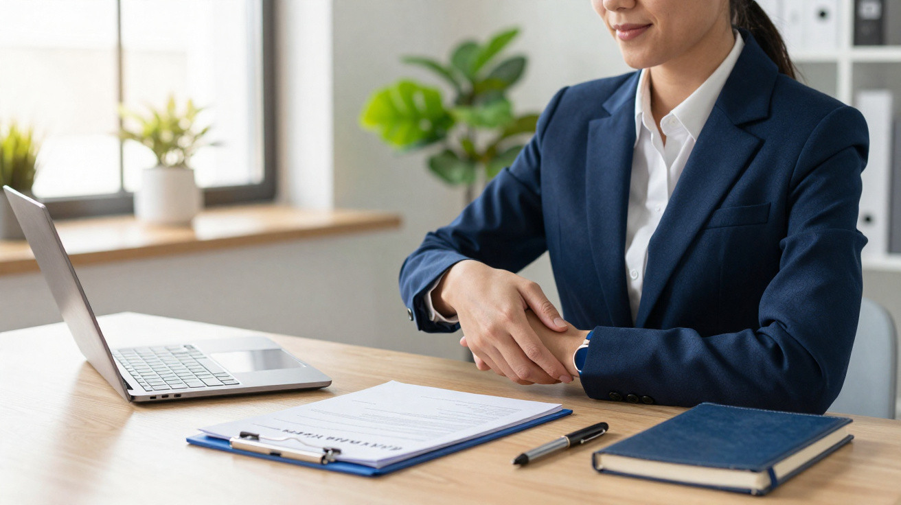 Mulher de traje formal sentada à mesa com portátil, documentos e agenda num escritório iluminado.