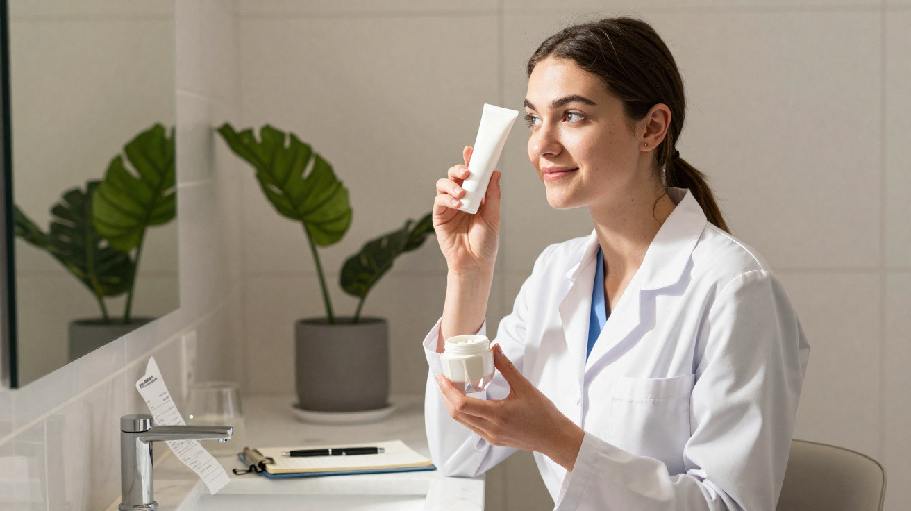 Mulher com bata branca analisa tubos de cosméticos numa casa de banho com plantas no espelho.