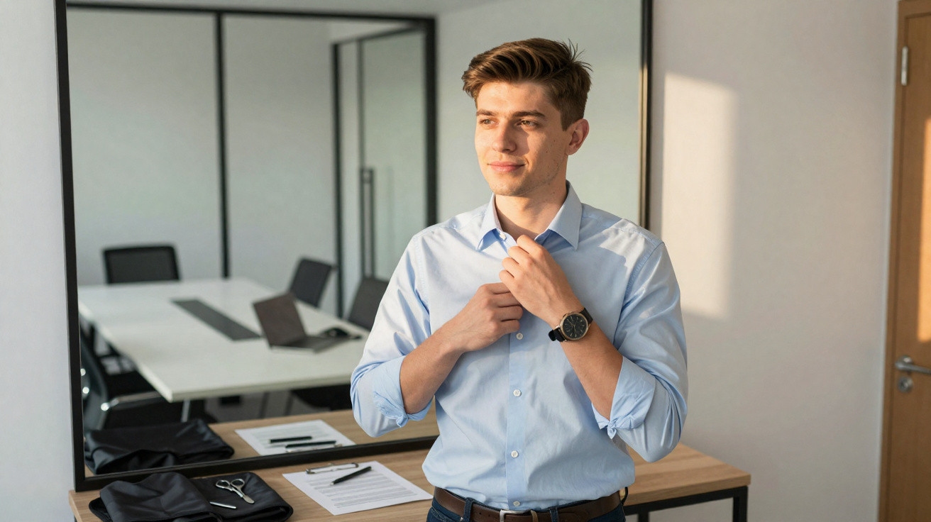 Homem jovem a abotoar camisa azul numa sala de escritório com mesa, cadeiras e laptop ao fundo.