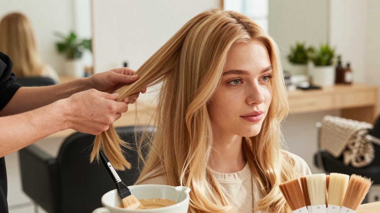 Mulher loira a receber coloração de cabelo num salão de beleza, com diferentes amostras de cor à frente.