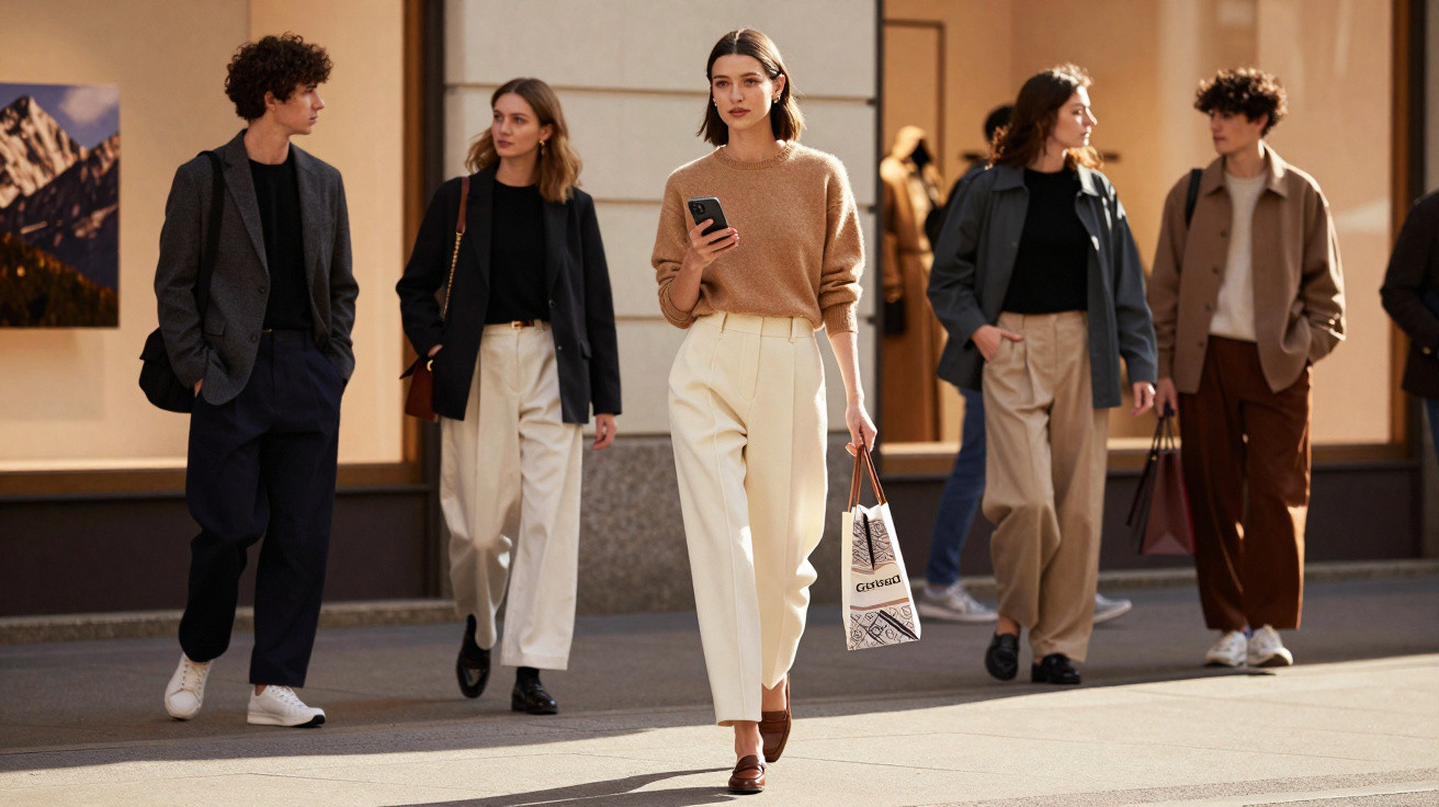 Cinco jovens caminhando na rua com roupas casuais elegantes e neutras em ambiente urbano ensolarado.