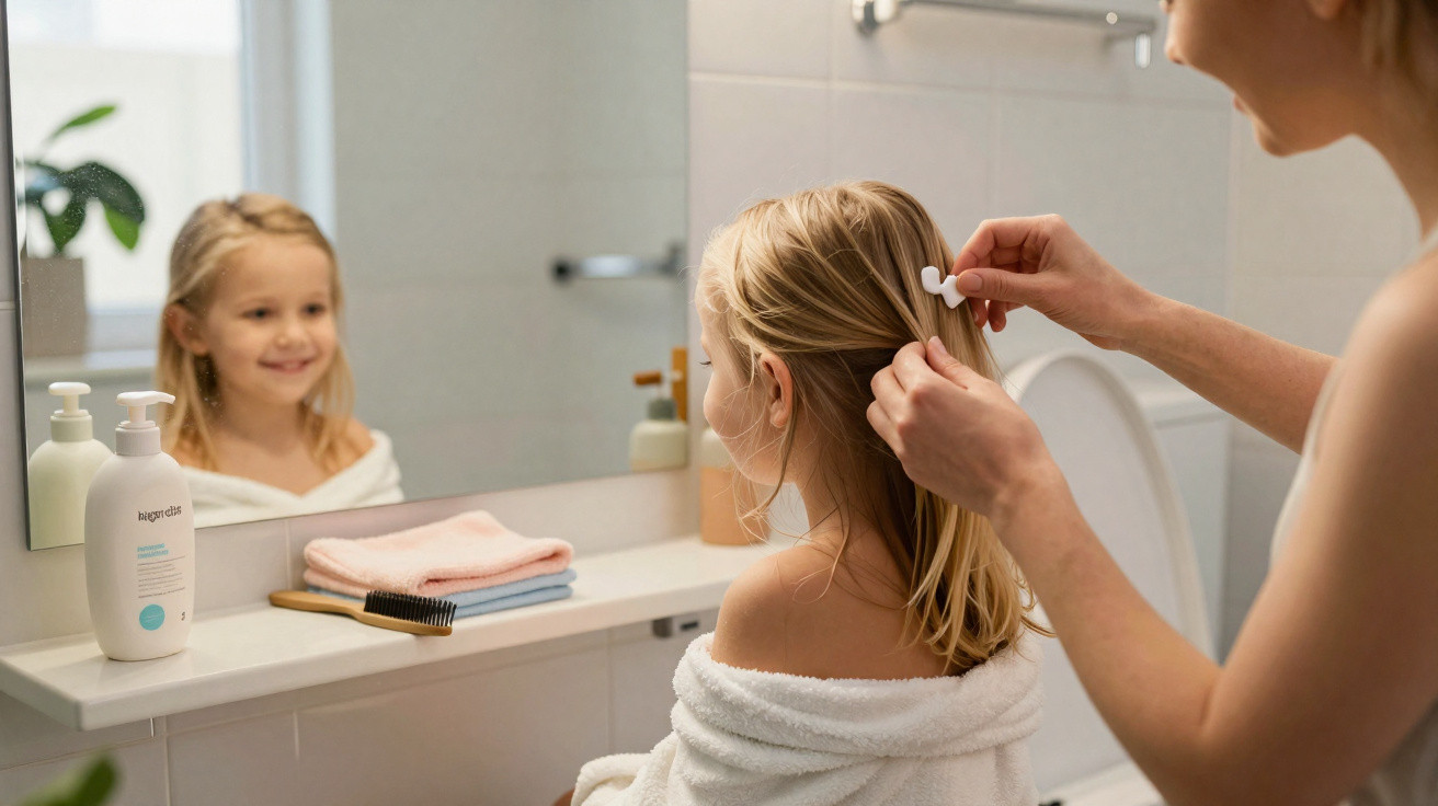 Criança sorridente ao espelho enquanto um adulto lhe prende o cabelo com uma presilha no banheiro.