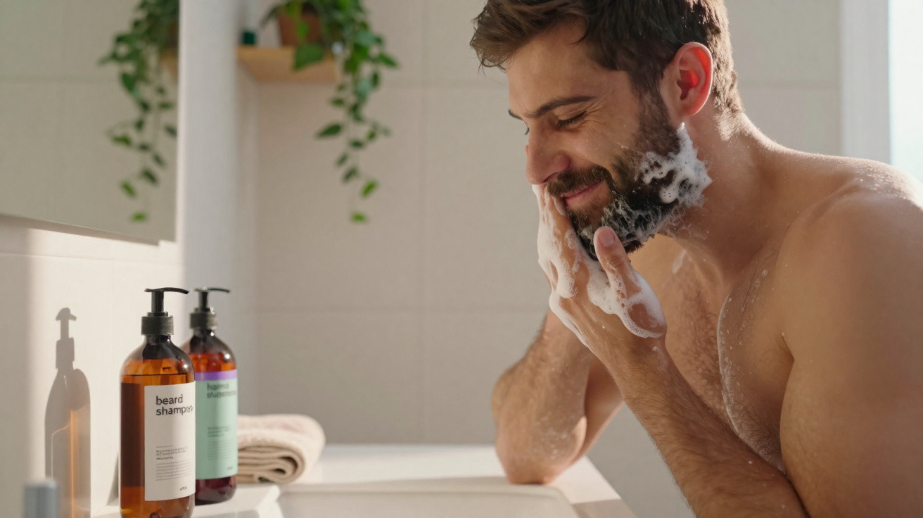 Homem a lavar a barba com espuma num banheiro iluminado e com produtos de cuidados na bancada.