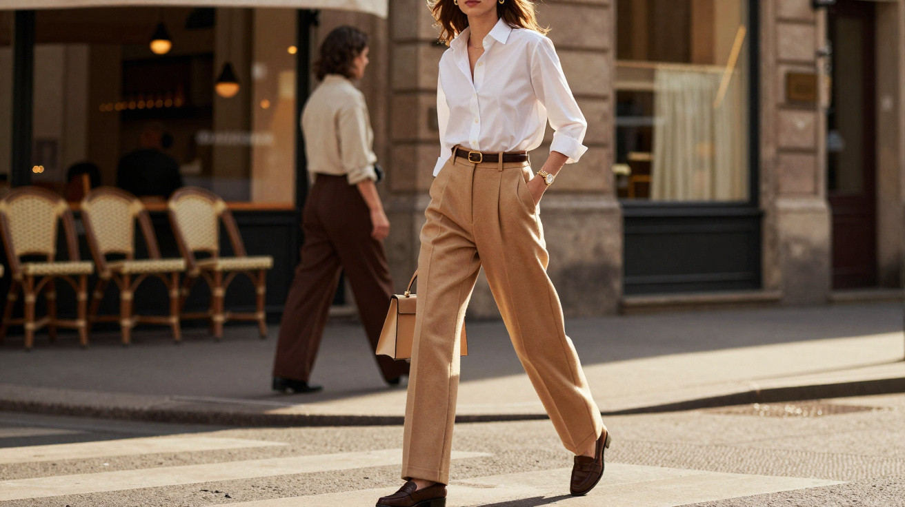 Mulher a atravessar passadeira, veste camisa branca, calças camel e sapatos castanhos em rua urbana.