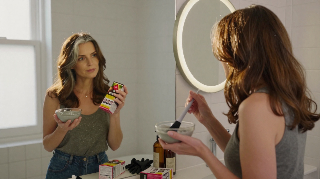 Mulher prepara uma mistura num recipiente no banheiro, olhando para o espelho iluminado com produtos na bancada.