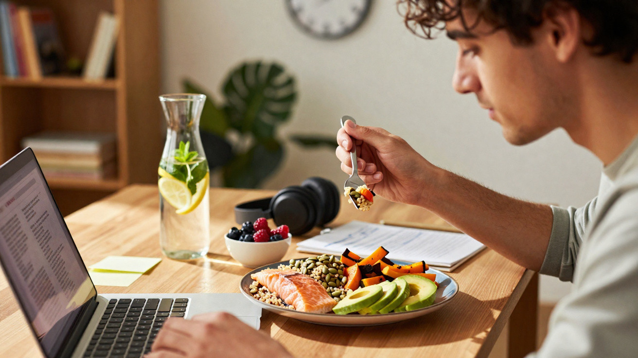 Jovem a trabalhar num portátil enquanto come uma refeição saudável com salmão, abacate e legumes.