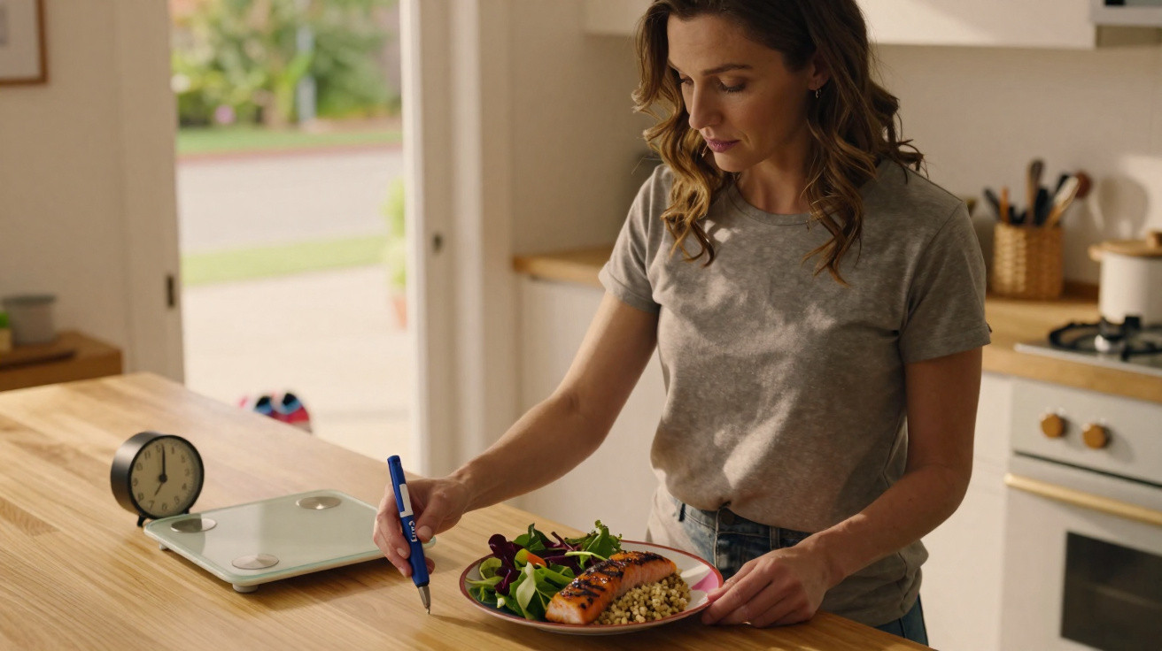 Mulher prepara refeição saudável na cozinha, segurando caneta e prato com salmão grelhado e salada.