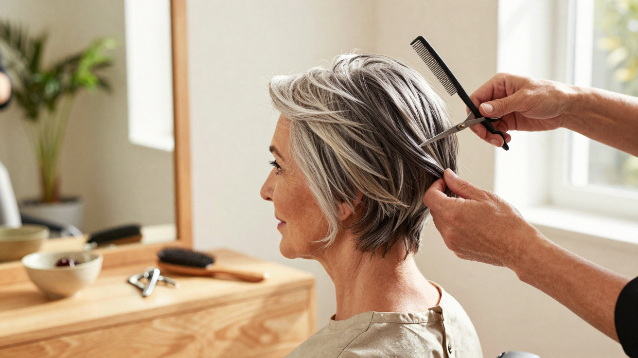 Mulher de cabelo grisalho a receber corte de cabelo num salão iluminado, vista lateral.