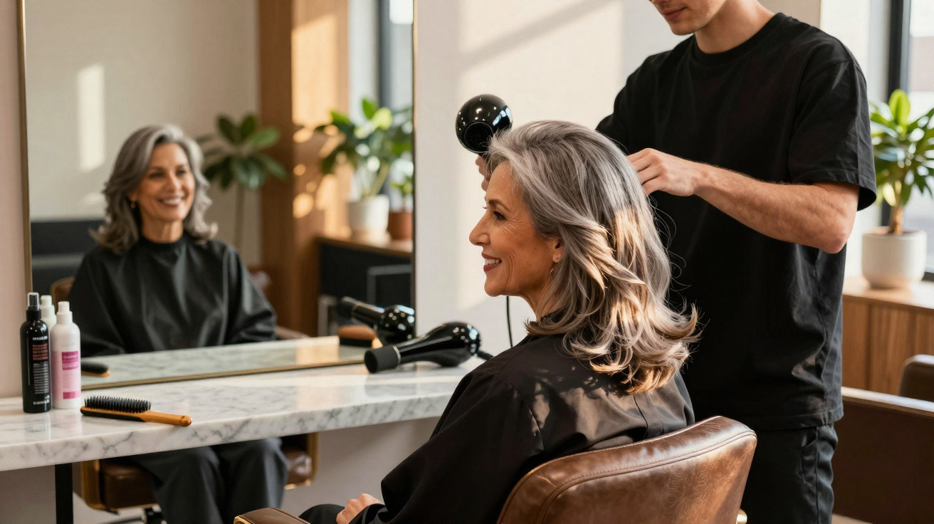 Homem a secar o cabelo de mulher de cabelos grisalhos num salão de beleza moderno.