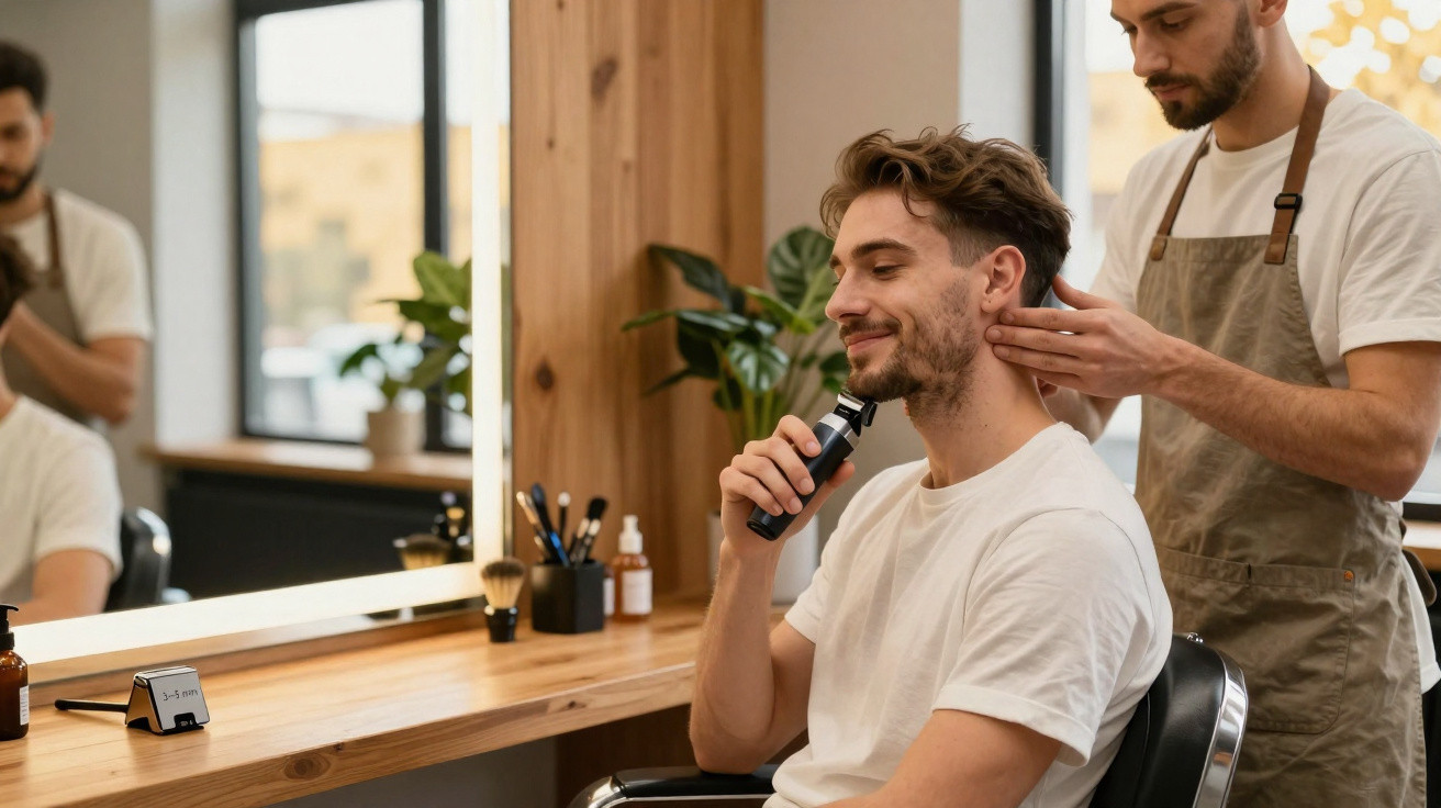 Homem jovem faz aparar a barba com máquina num cabeleireiro enquanto barbeiro ajeita o cabelo.
