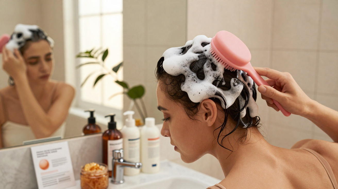 Mulher a lavar o cabelo com espuma e escova rosa no lavatório de casa de banho.