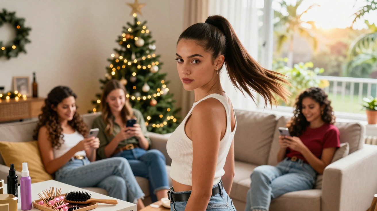 Jovem de cabelo apanhado posando em sala decorada com árvore de Natal, amigas ao fundo a usar telemóveis.