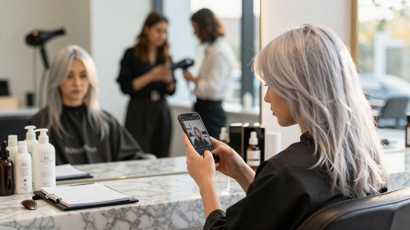 Mulher com cabelo prateado sentada numa cadeira de cabeleireiro a tirar foto ao espelho com o telemóvel.