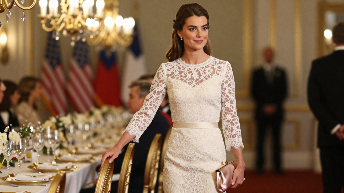 Mulher elegante com vestido branco de renda e clutch dourada numa sala de jantar formal decorada.