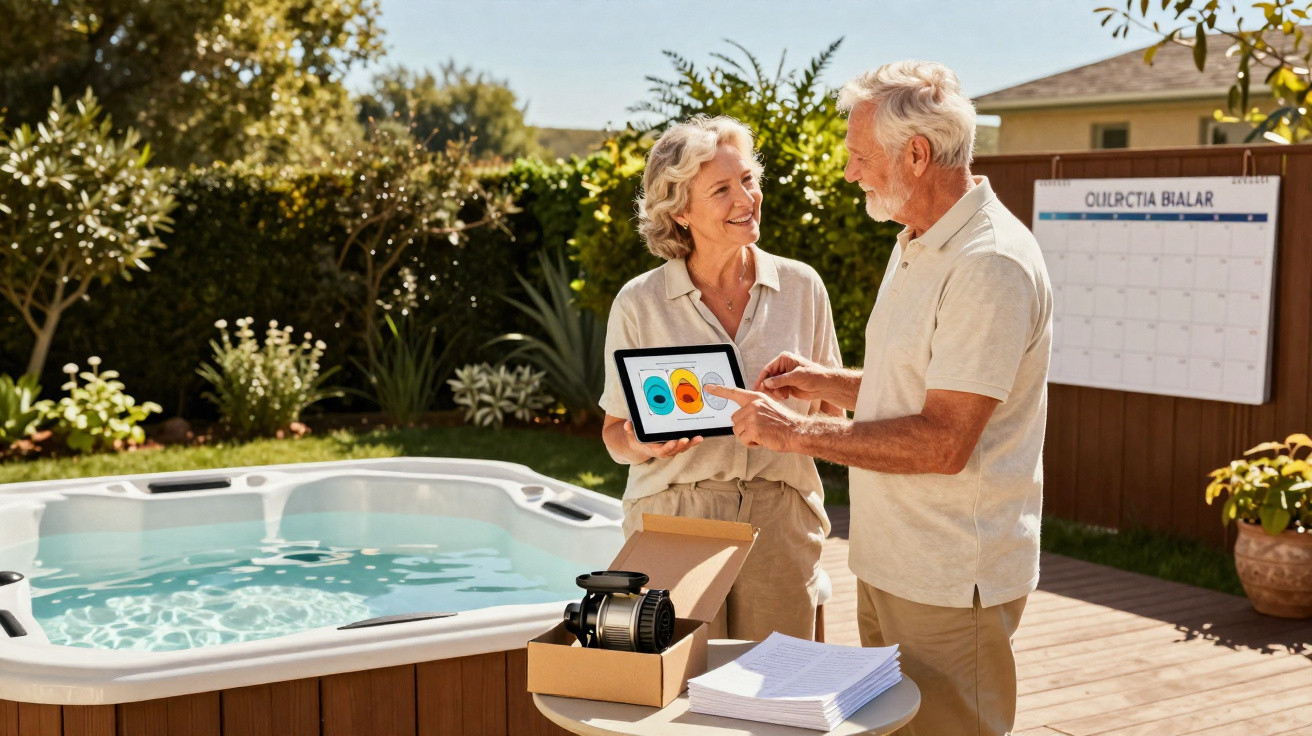 Casal sénior junto a piscina exterior, com homem a mostrar gráfico num tablet para mulher sorridente.