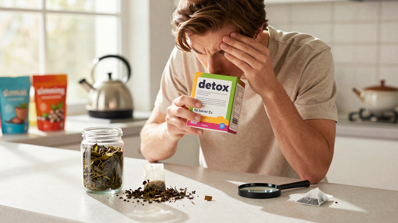 Homem de máscara facial examina embalagem de chá detox na cozinha com chá solto e lupa sobre a bancada.