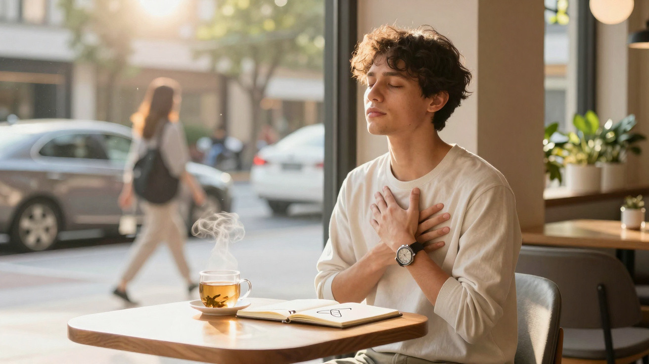 Pessoa jovem sentada numa cafetaria com as mãos no peito, ao lado de chá quente e caderno aberto.