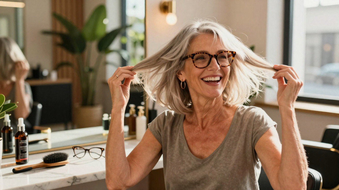 Mulher idosa de cabelo branco e óculos sorri enquanto toca no cabelo num salão de beleza moderno.