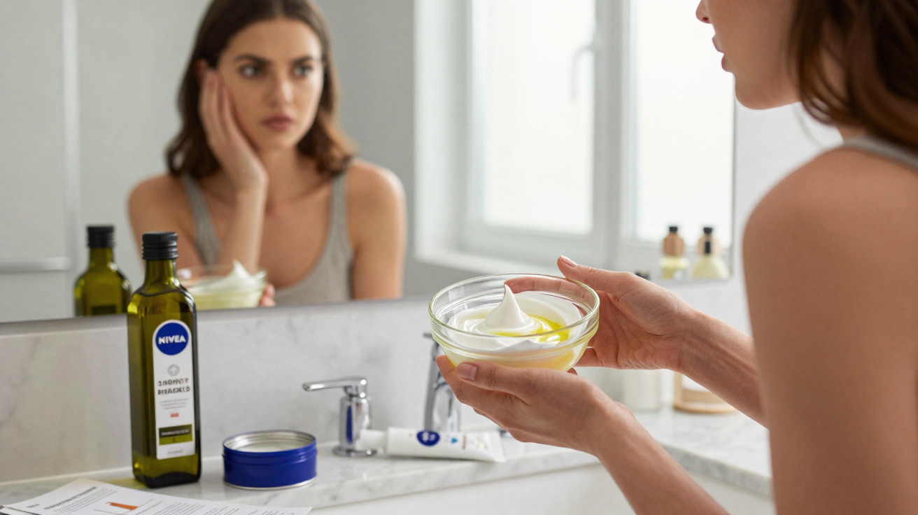 Mulher a olhar para o espelho segurando taça com creme hidratante em casa de banho.