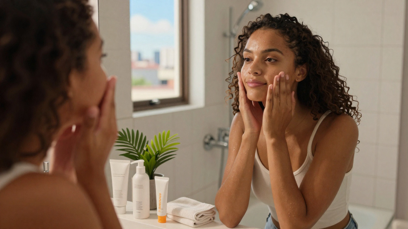 Mulher a aplicar creme hidratante no rosto em casa, diante de uma janela e produtos de cuidados de pele.
