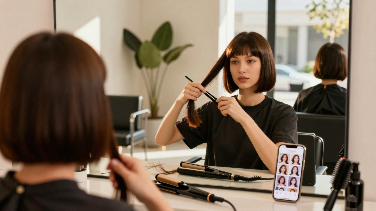 Mulher com cabelo curto a cortar o próprio cabelo à frente de um espelho num salão de beleza.