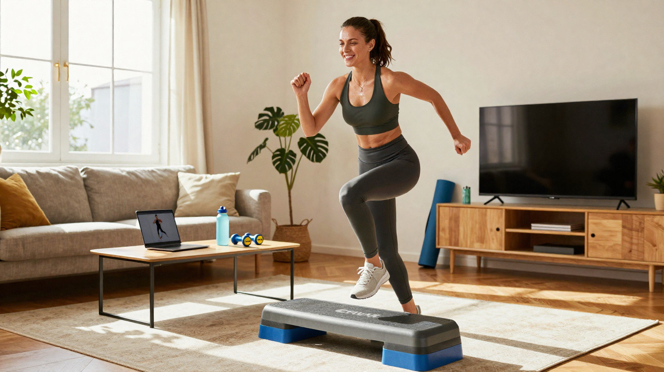Mulher a fazer exercício de step em casa, com laptop e material de ginástica na sala iluminada.